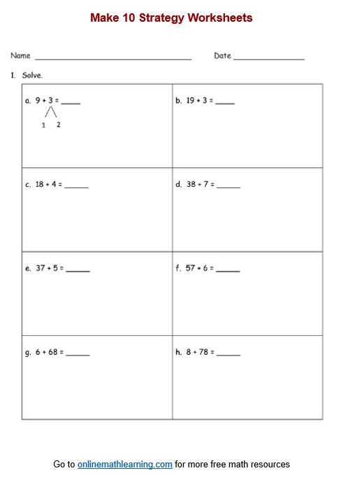 Make 10 Strategy Worksheets (Second Grade, printable, answers)