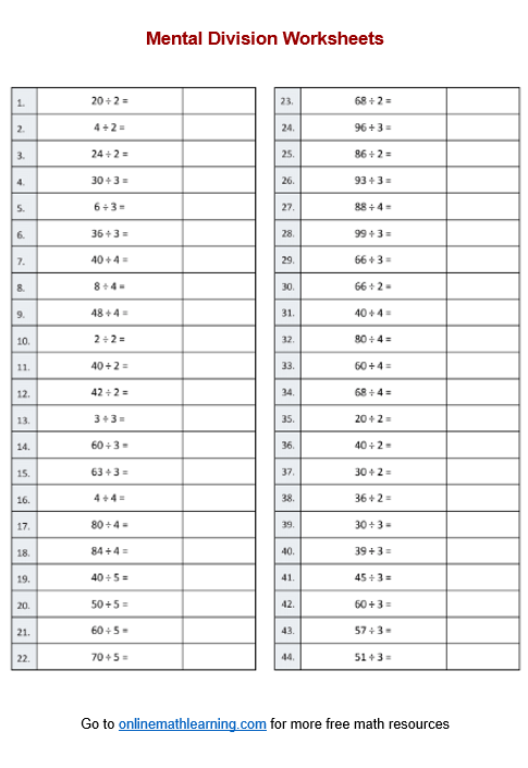 Mental Division Worksheet