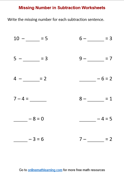 Missing Number in Subtraction Worksheets (First Grade, printable, answers)