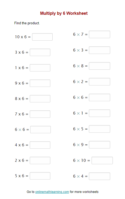 Multiply By 6 Worksheets