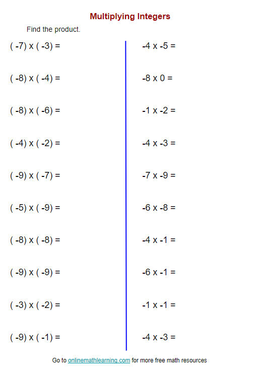 Multiplying Integers Worksheet printable Online Answers Examples 