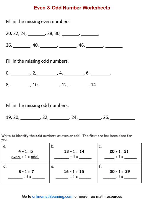 Odd Number Worksheets (printable, online, answers, examples)