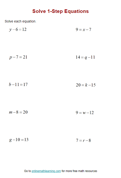 One-Step Equation Worksheets (printable, online, answers, examples)