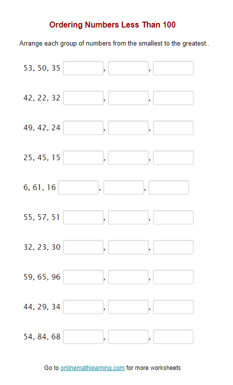 Order Numbers Worksheet (Second Grade, printable, worksheet, answers)