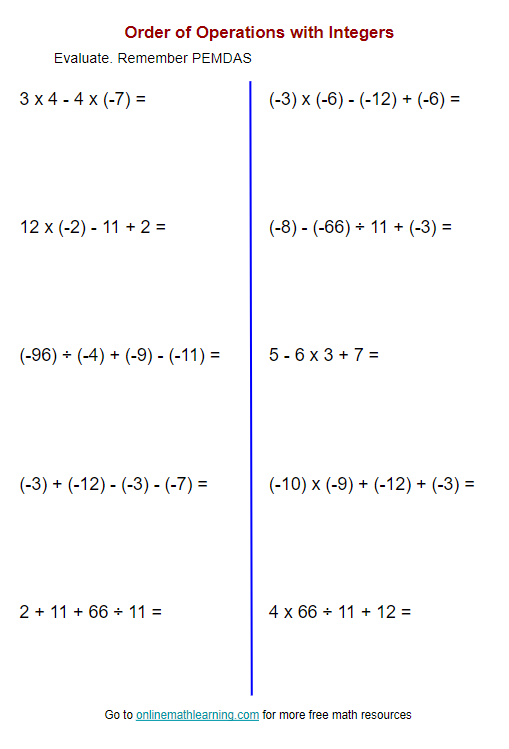 Order of Operations with Integers Worksheet (printable online answers