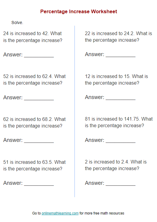 Percentage Increase Worksheet answers Examples 