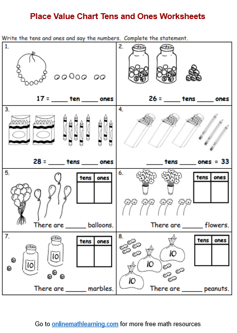 Place Values Tens Ones Worksheets First Grade Printable Answers 