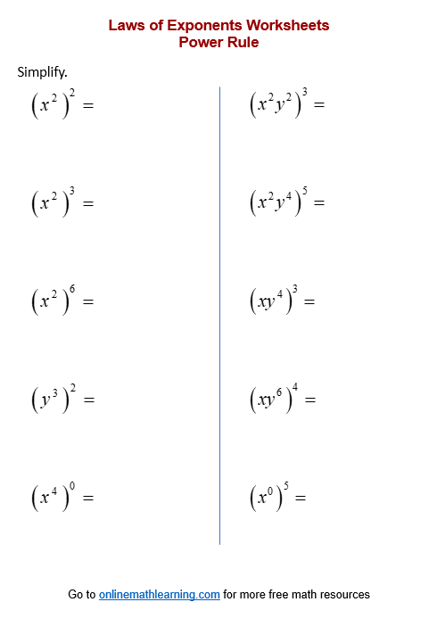 Power Rule Of Exponents Worksheets printable Online Answers Examples 