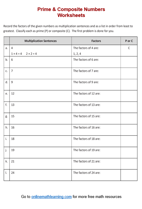 Prime & Composite Numbers Worksheet (printable, online, answers)