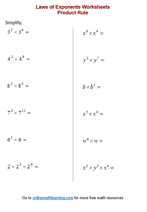 Product Rule of Exponents Worksheets (printable online answers examples)