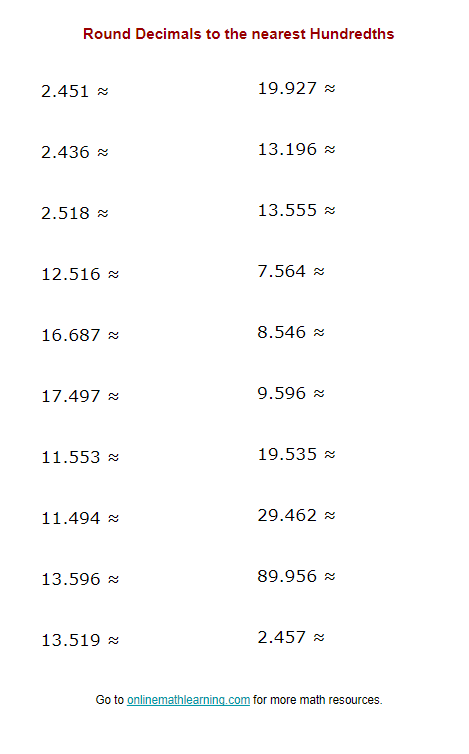 Round Decimals To The Nearest Hundredths printable Online Answers 