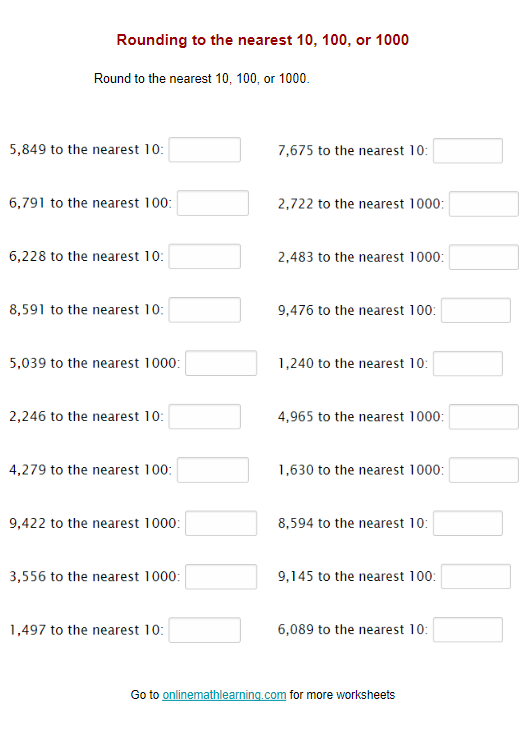 Round To The Nearest 10 100 And 1000 Worksheet
