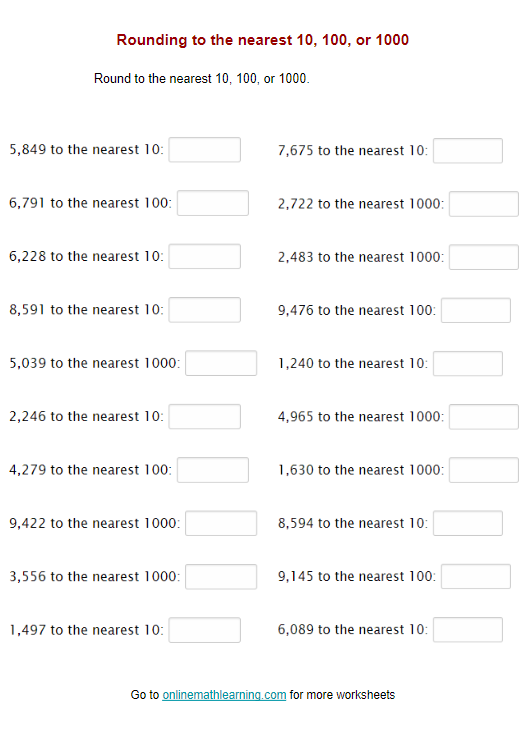 Round To The Nearest 10 100 1000 printable Online Answers 