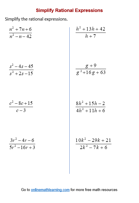 Simplify Rational Expressions Worksheets (printable, online, answers ...