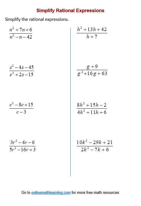 Simplify Rational Expressions Worksheets printable Online Answers 