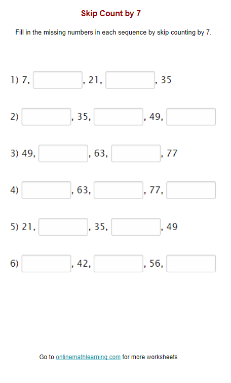 Skip Count by 7 Worksheet (Second Grade, printable, answers)