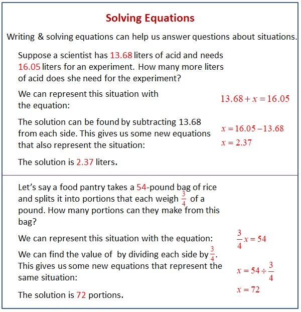 Practice Solving Equations And Representing Situations With Equations