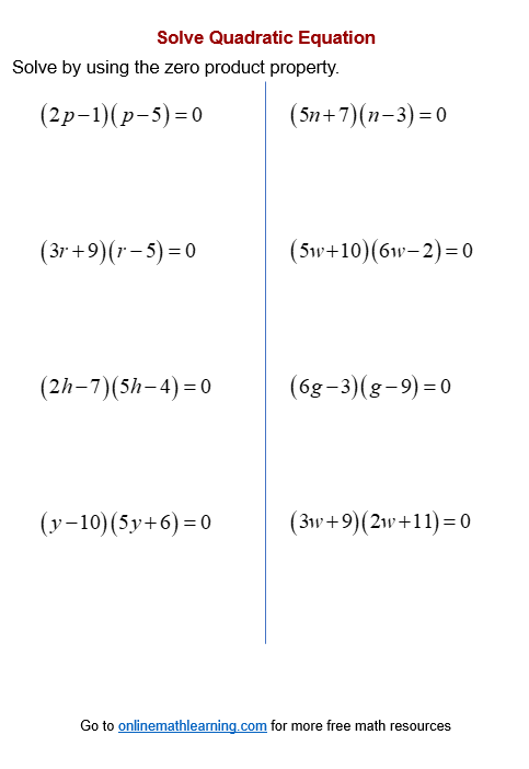 solve quadratic equations by factoring worksheet