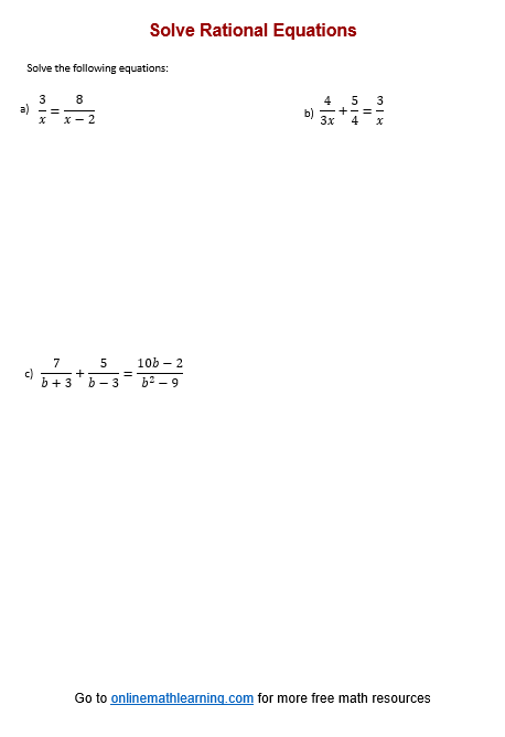 Solve Rational Equations Worksheets Printable Online Answers Examples