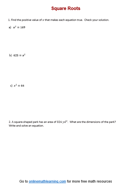 Square Root Worksheet