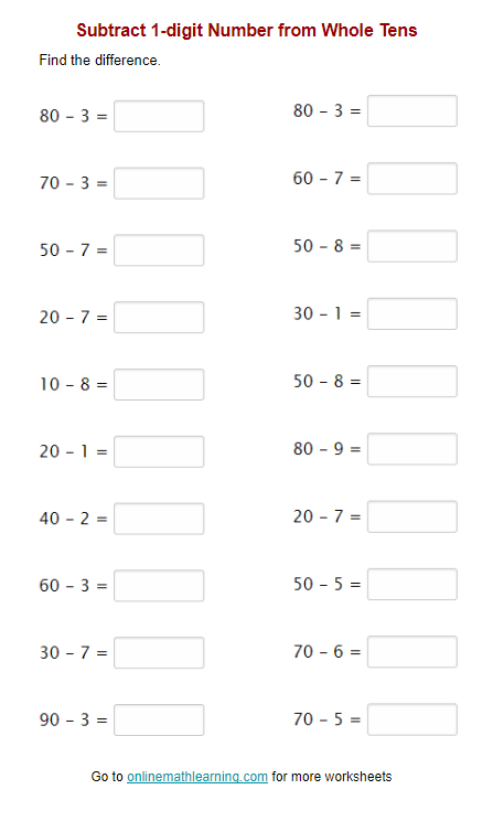 subtract-1-digit-number-from-whole-tens-second-grade-printable