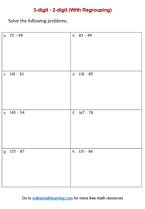 Subtract 2-digit from 3-digit Worksheets (Second Grade, printable)