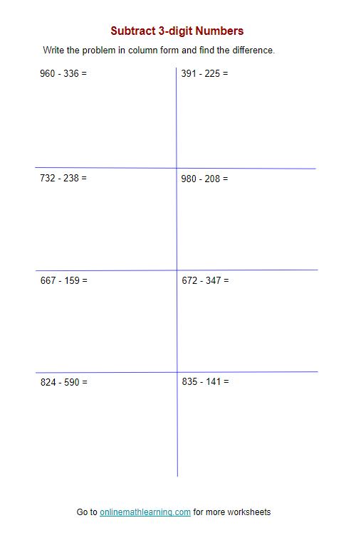 Subtract 3 Digit Numbers Worksheets Second Grade Printable 