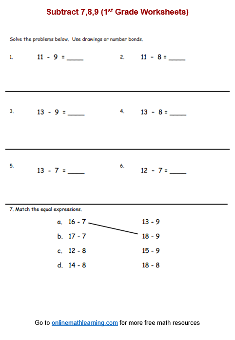 Subtract 7, 8, or 9 Worksheets (First Grade, printable, answers)