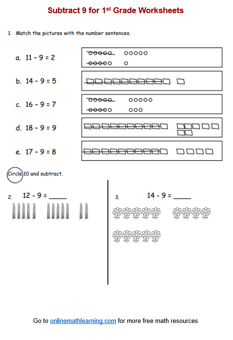 Subtract 9 Worksheets (First Grade, printable, answers)