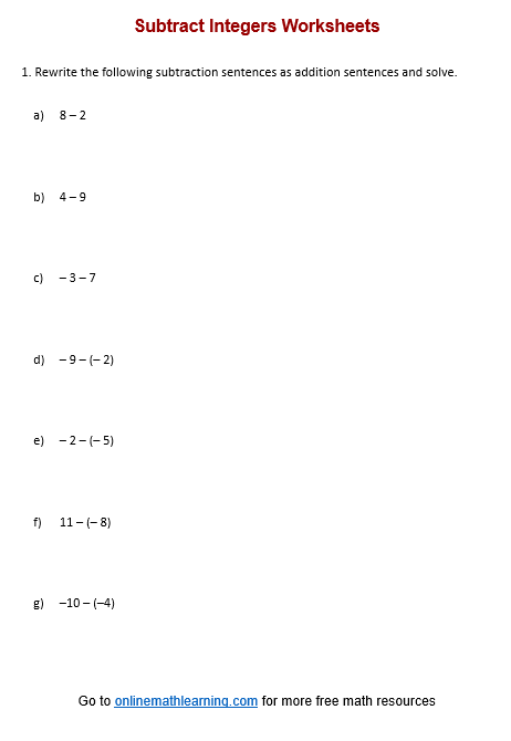 Subtract Integers Worksheet