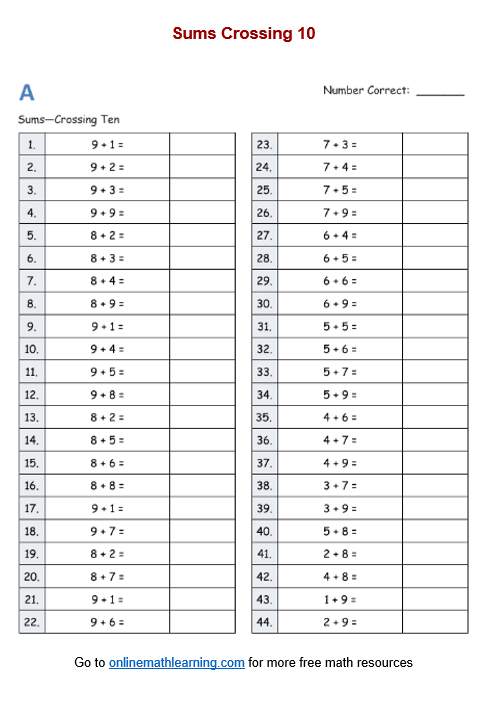 Sums Across 10 Worksheets (First Grade, printable)