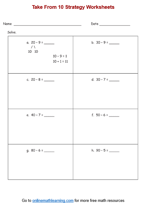 Take From 10 Strategy Worksheets (Second Grade, printable, answers)