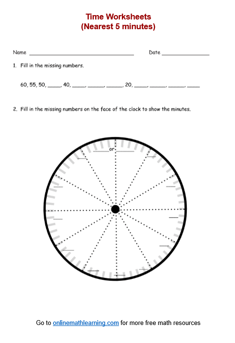 Telling Time to 5 minutes Worksheets