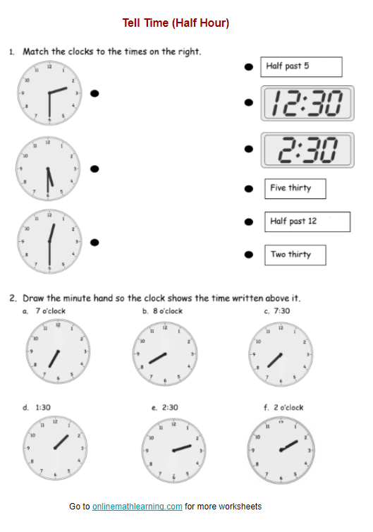 Tell Time Half Hour Worksheets First Grade Printable 